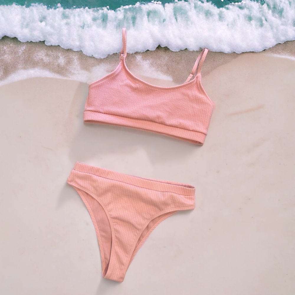 PINK RIBBED HIGH WAISTED BIKINI‎ BOTTOM XL TOP L